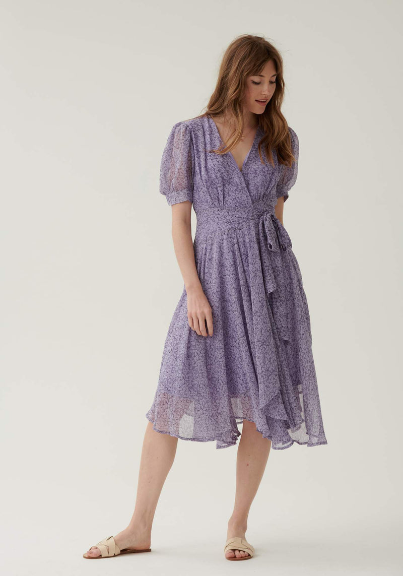 Short Sleeve Wrap Midi Dress in Lilac Purple Floral- Outlet – Liena